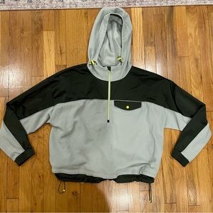 Athleta light blue fleece and forest green quarter zip hoodie